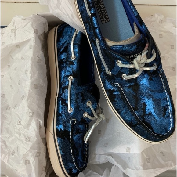 NEW SPERRY METALLIC BLUE CAMO SHOES SIZE 10M - Picture 2 of 6